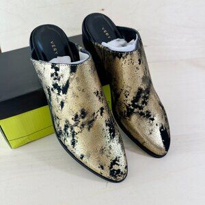 Very Volatile Moonstruck‎ Gold Black Leather Mule Booties NIB 8 NEW